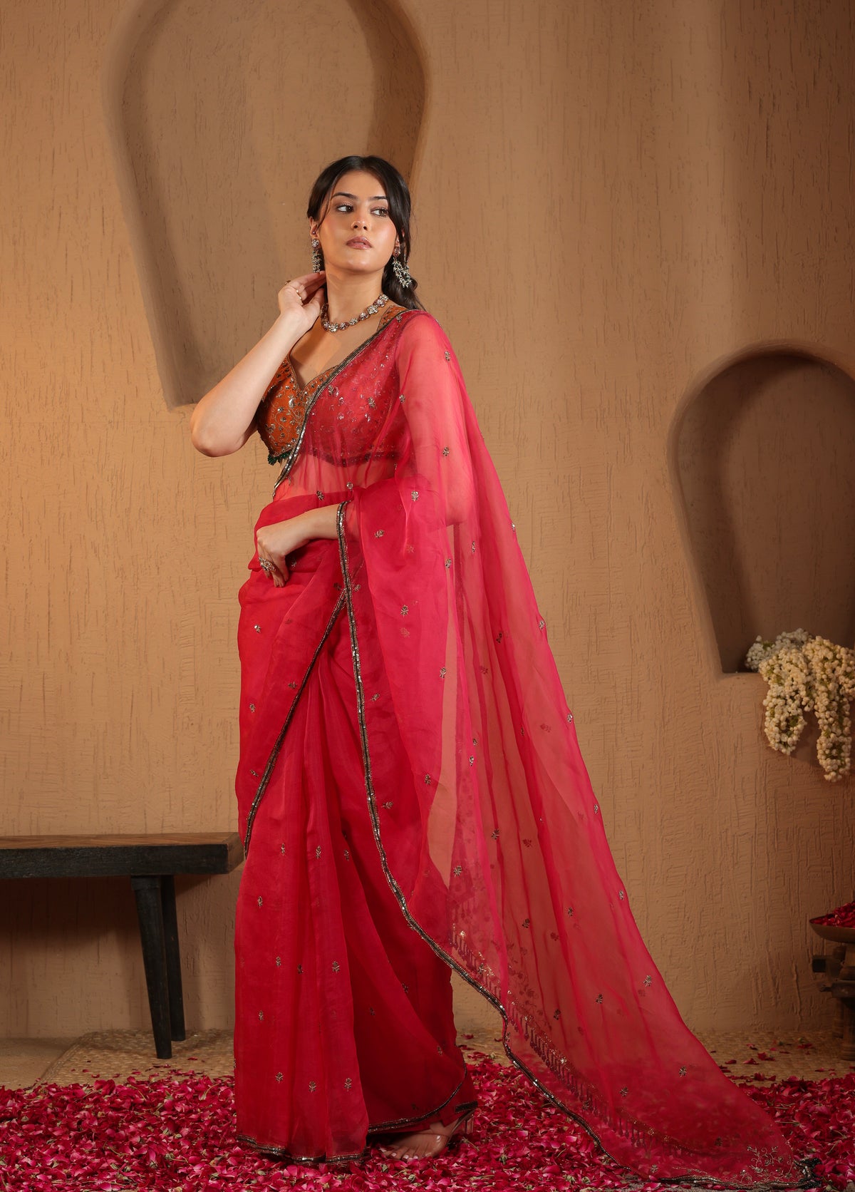Rani Pink Saree with Orange Blouse
