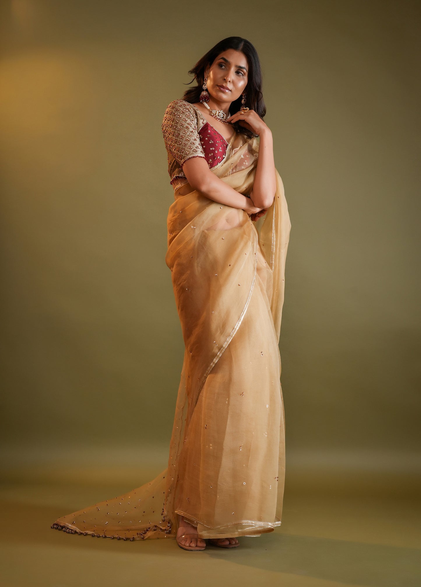 Antique Gold Saree with Maroon & Gold Embellished Blouse