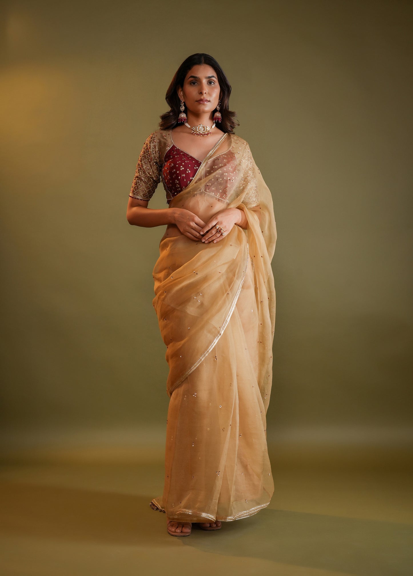 Antique Gold Saree with Maroon & Gold Embellished Blouse
