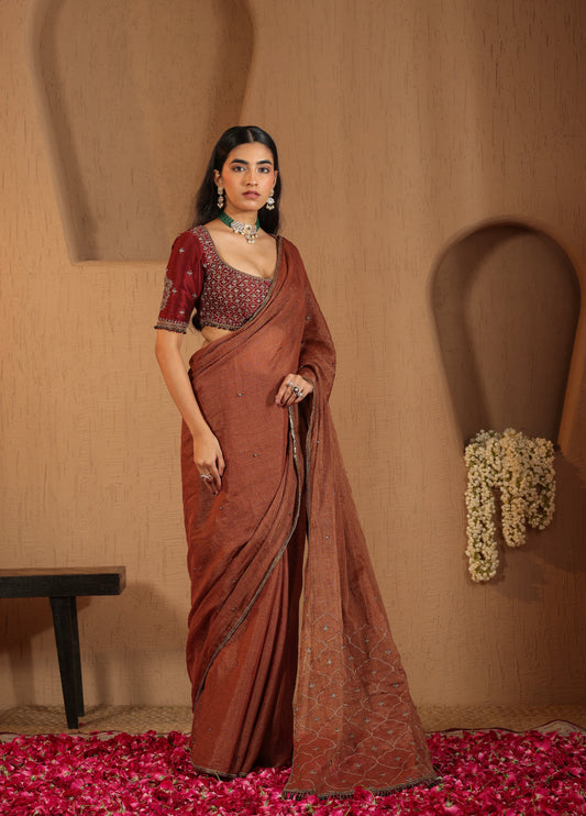Rust Terracotta Saree with Maroon Blouse