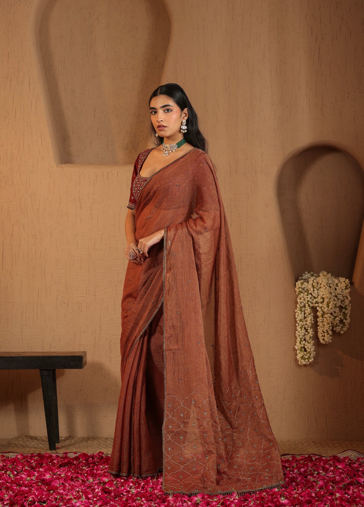 Rust Terracotta Saree with Maroon Blouse