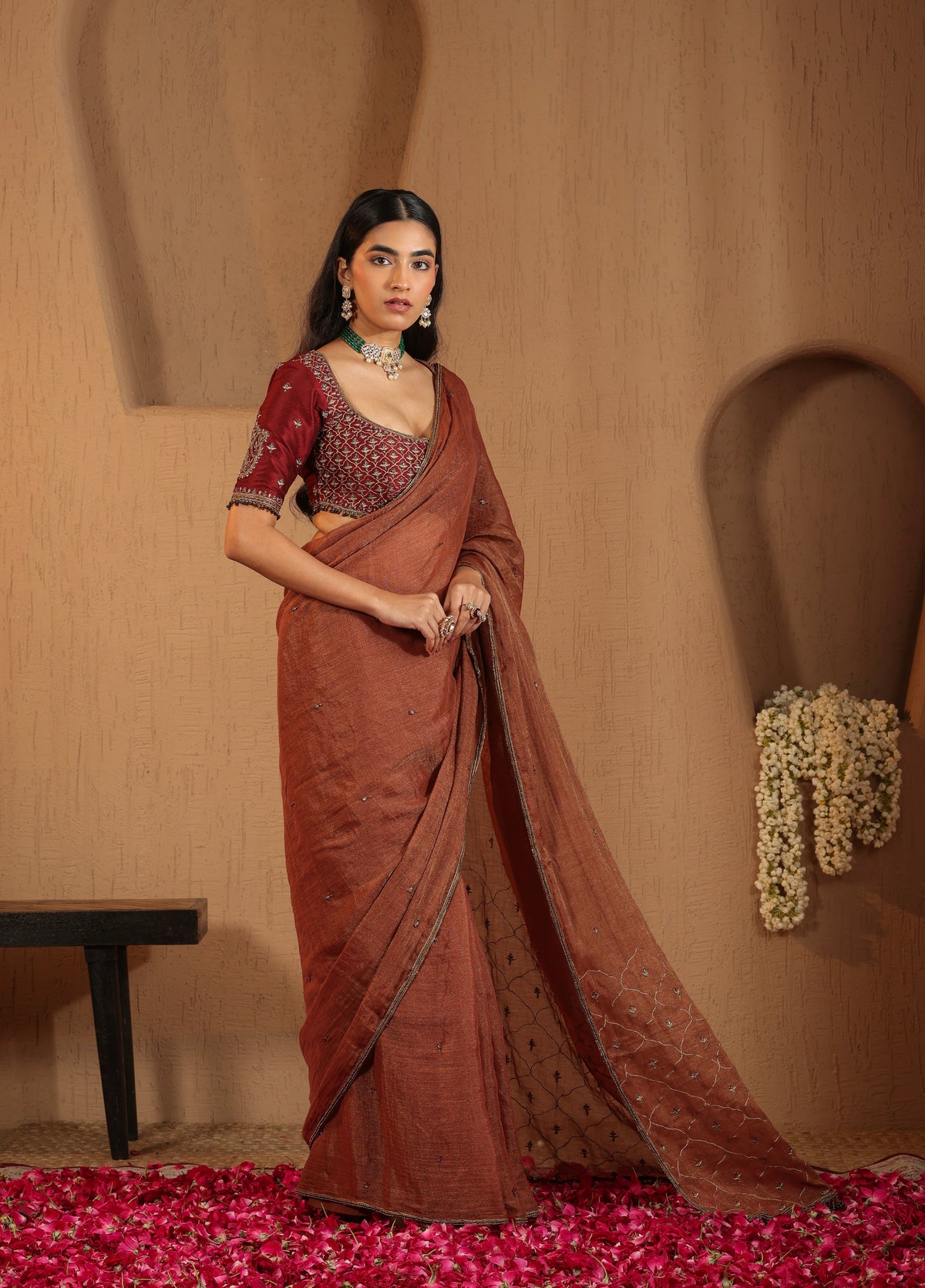 Rust Terracotta Saree with Maroon Blouse