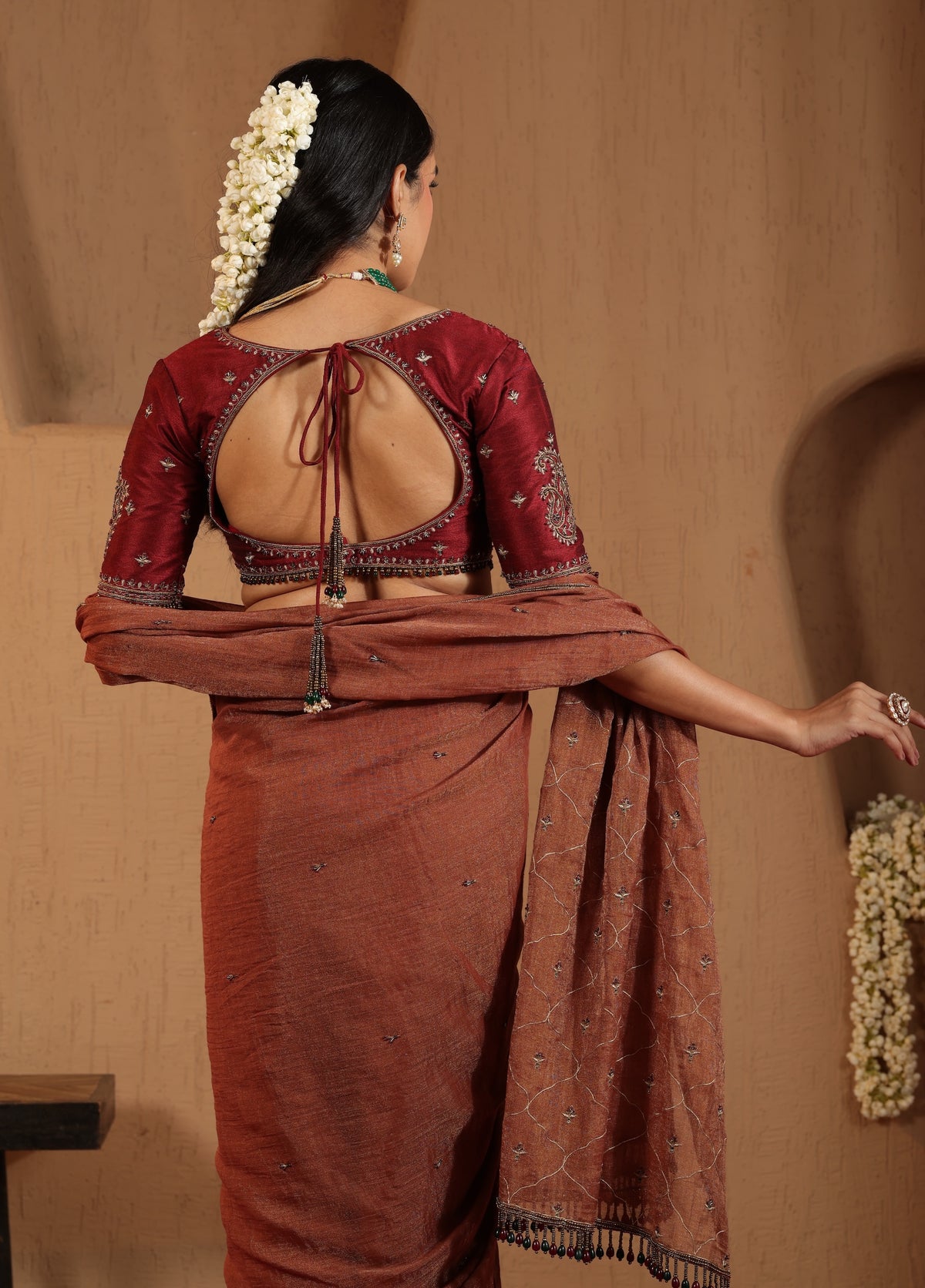 Rust Terracotta Saree with Maroon Blouse