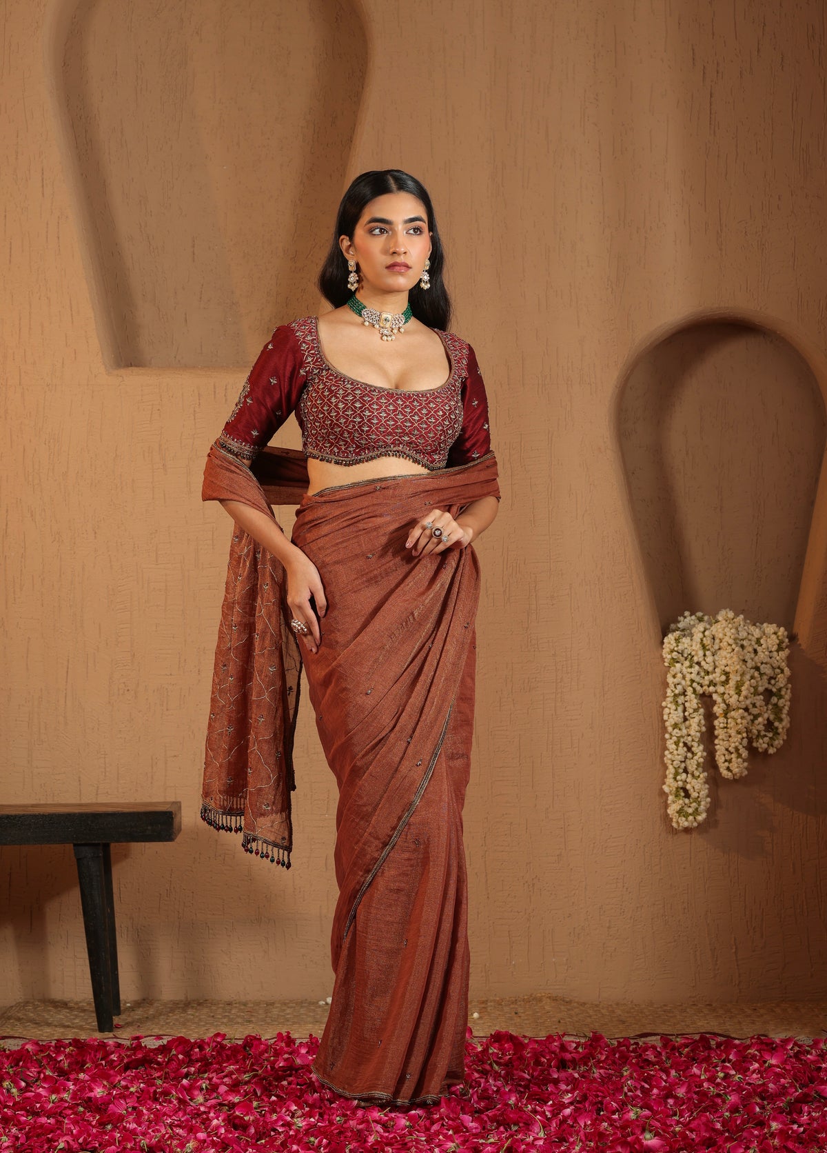 Rust Terracotta Saree with Maroon Blouse