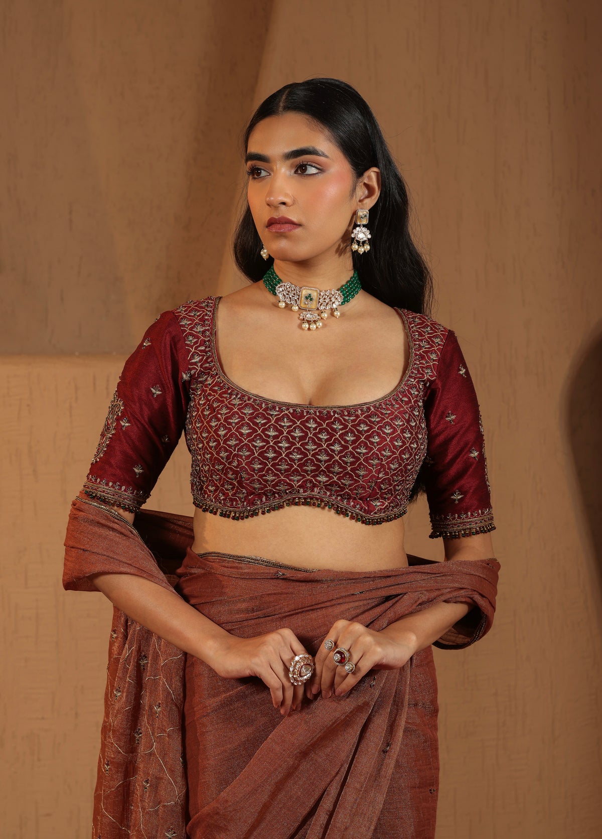 Rust Terracotta Saree with Maroon Blouse