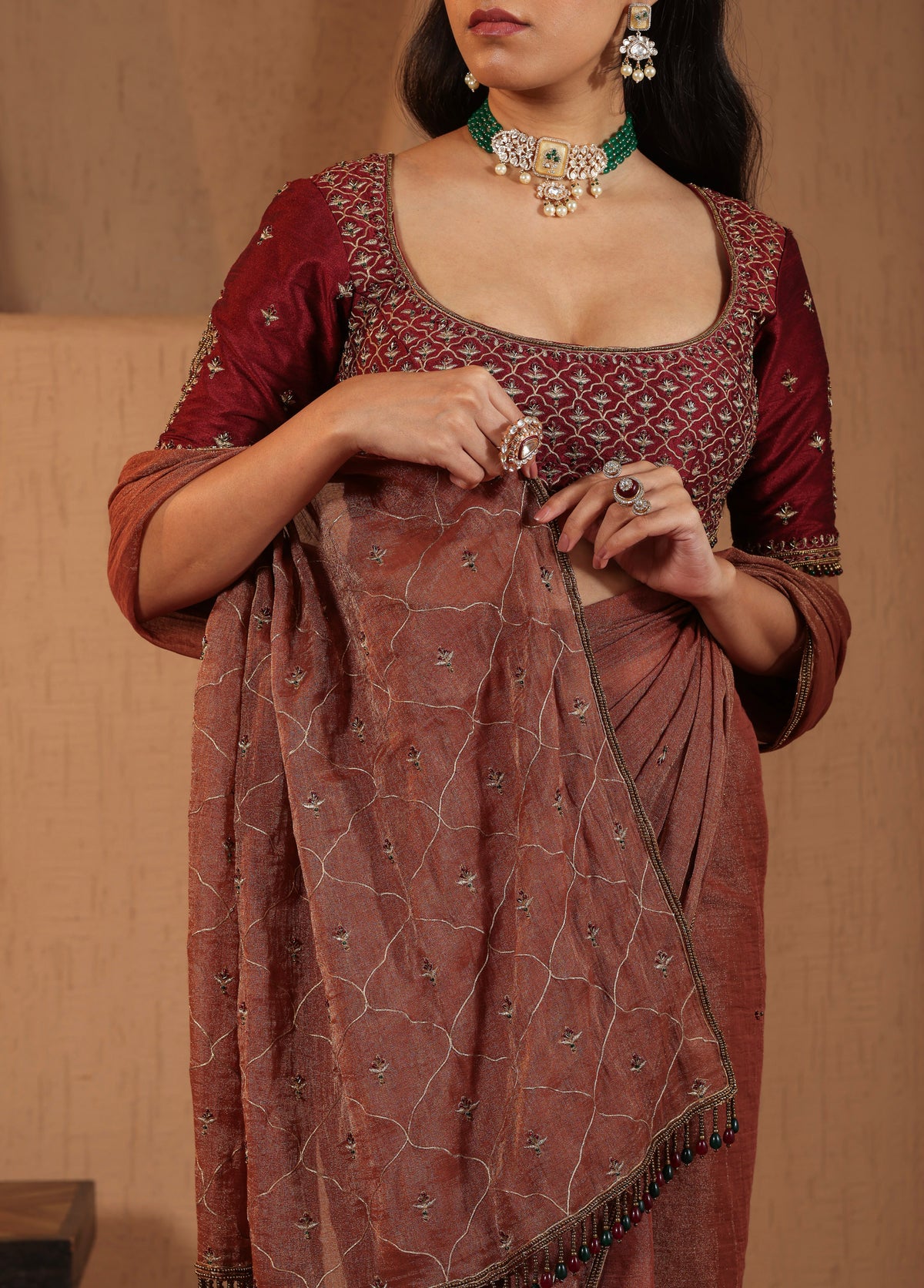 Rust Terracotta Saree with Maroon Blouse