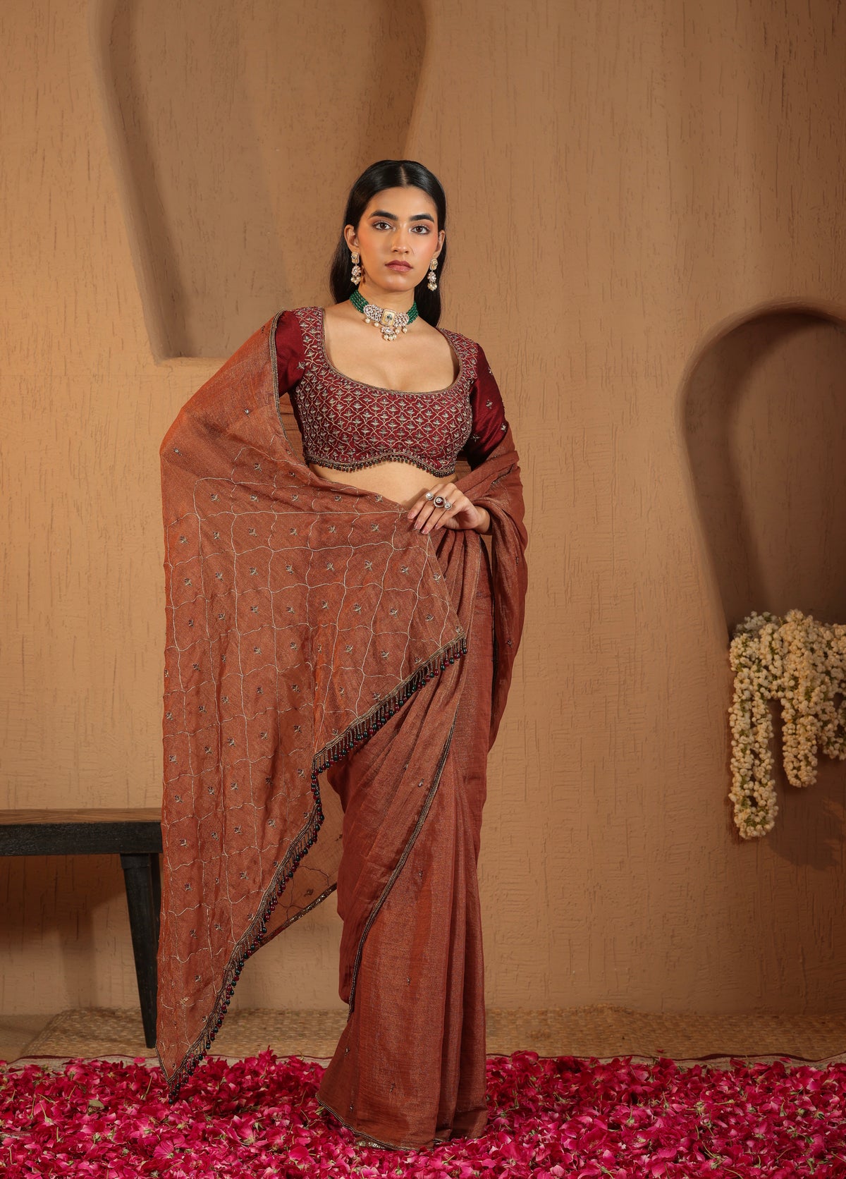 Rust Terracotta Saree with Maroon Blouse