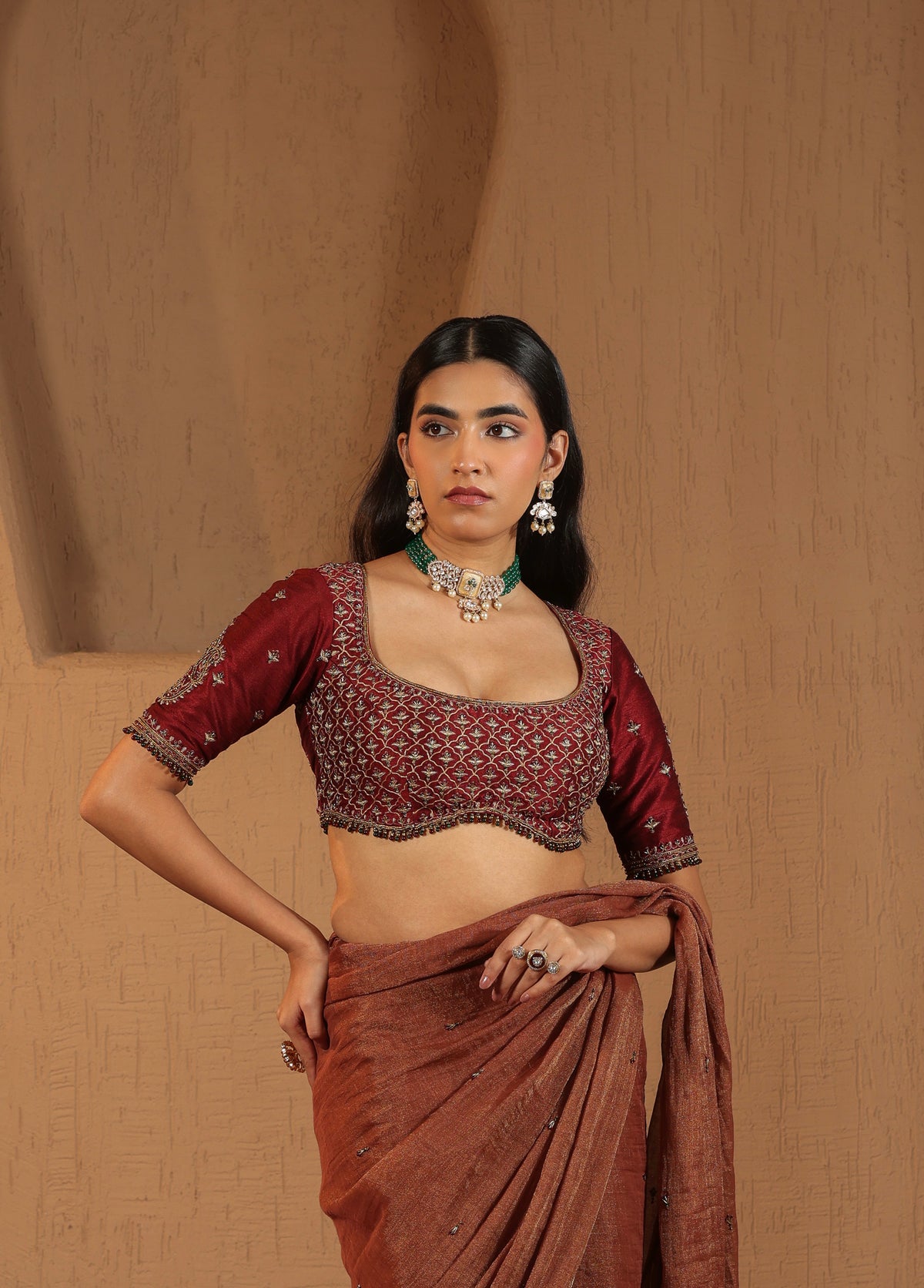Rust Terracotta Saree with Maroon Blouse