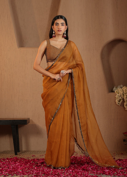 Burnt Mustard Saree with Blouse