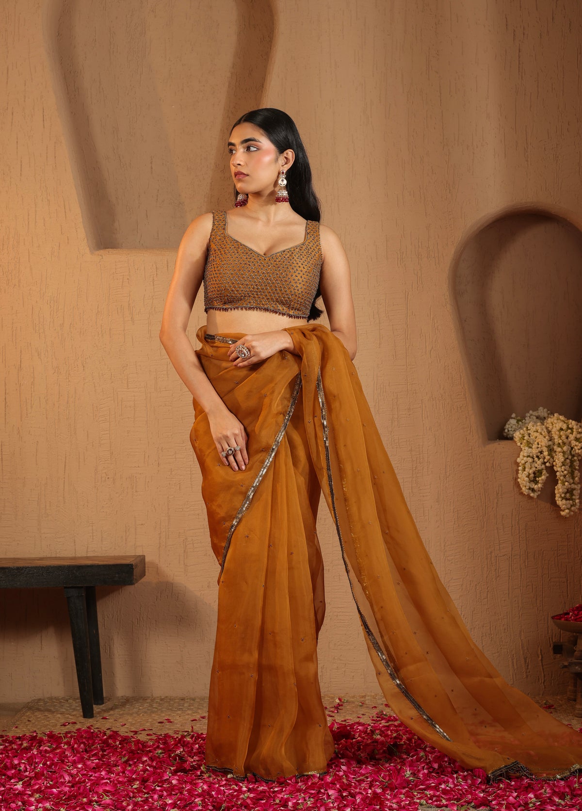 Burnt Mustard Saree with Blouse