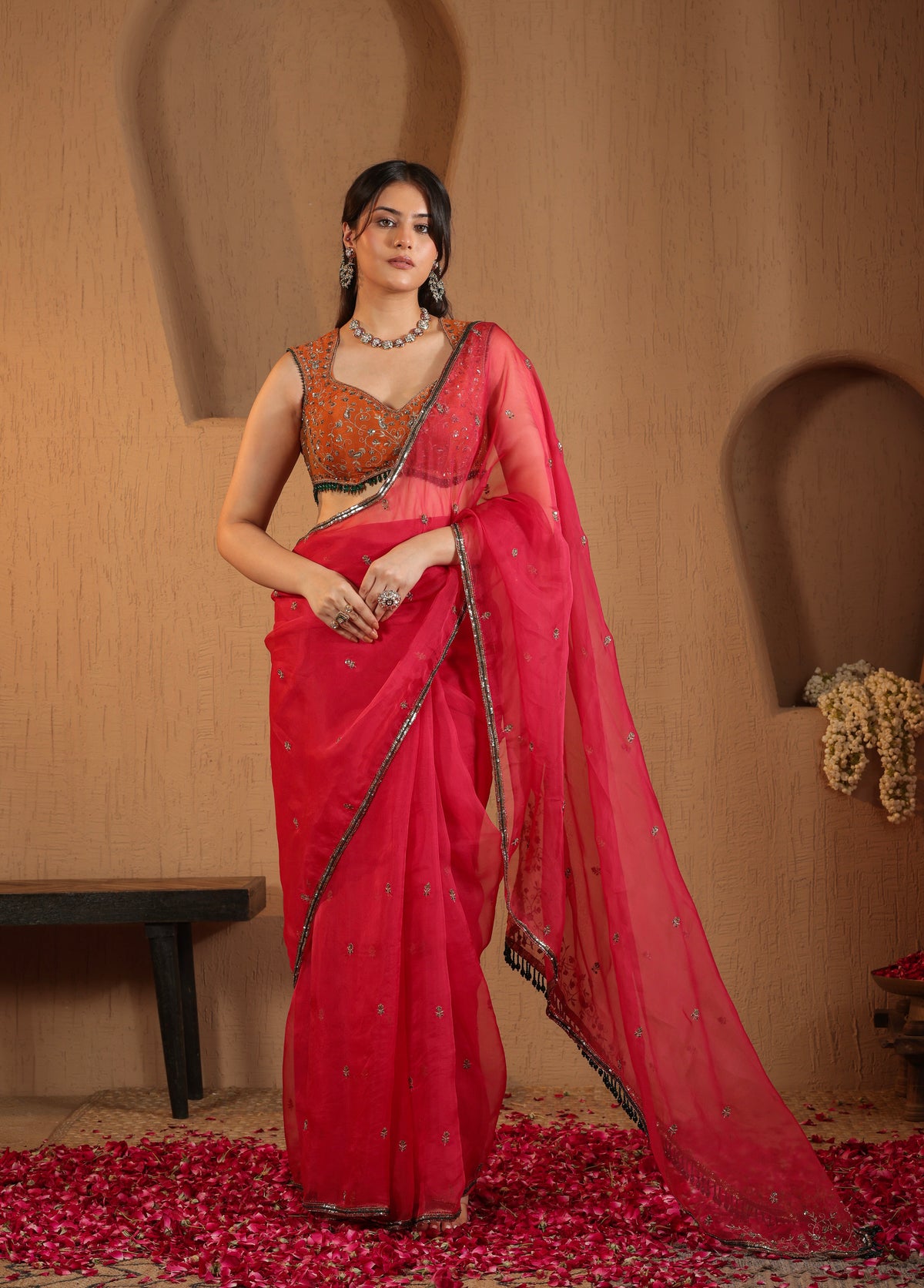 Rani Pink Saree with Orange Blouse