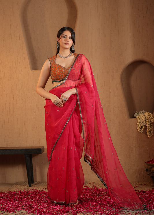 Rani Pink Saree with Orange Blouse