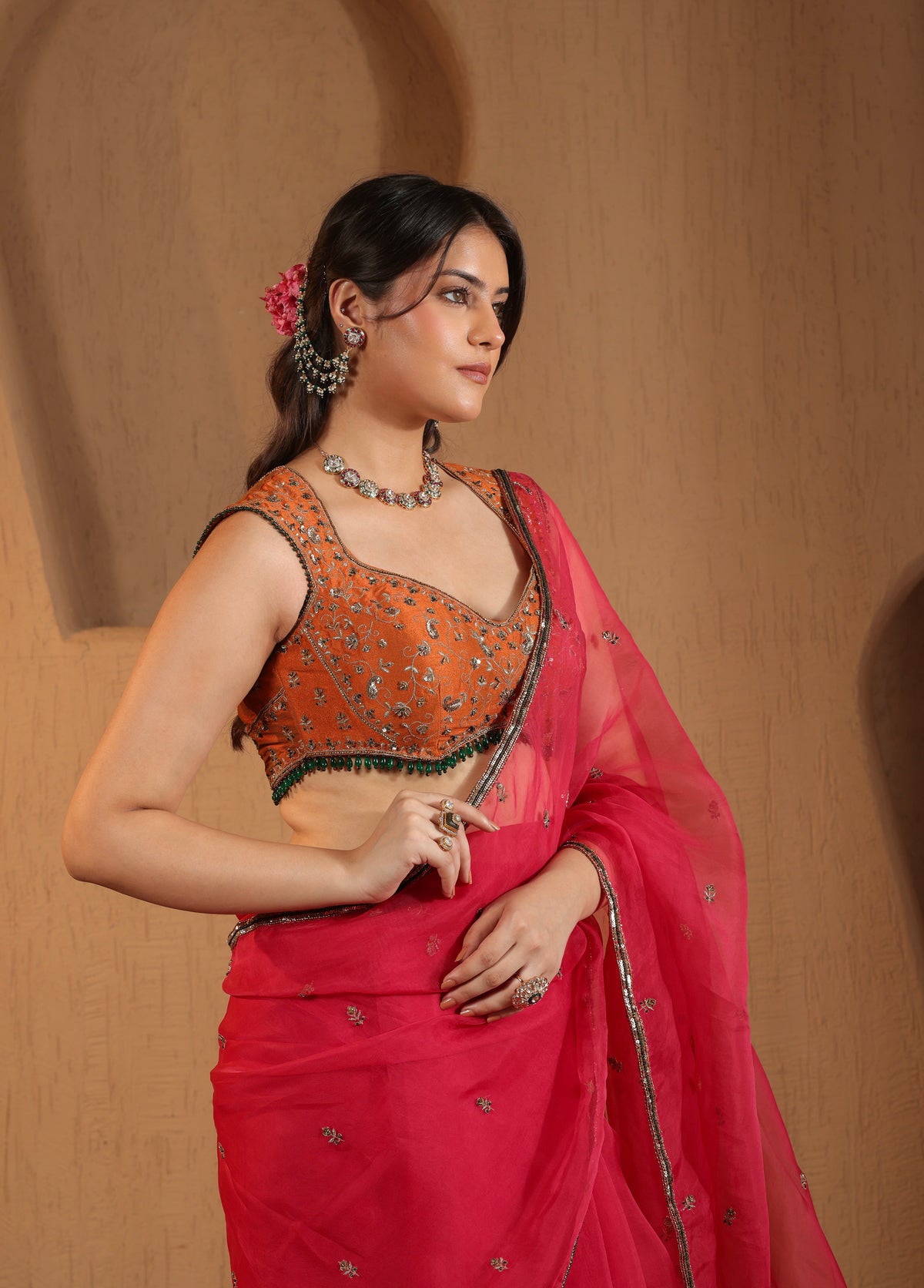 Rani Pink Saree with Orange Blouse