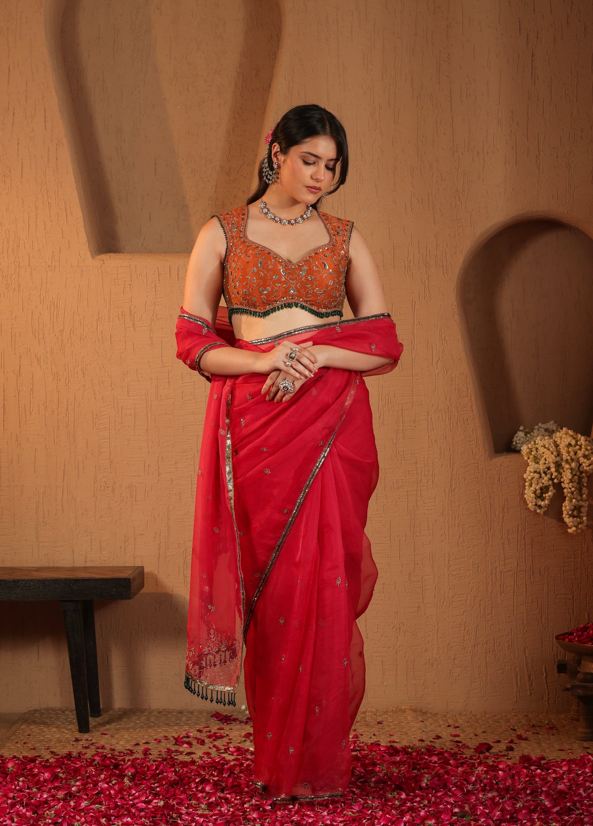 Rani Pink Saree with Orange Blouse