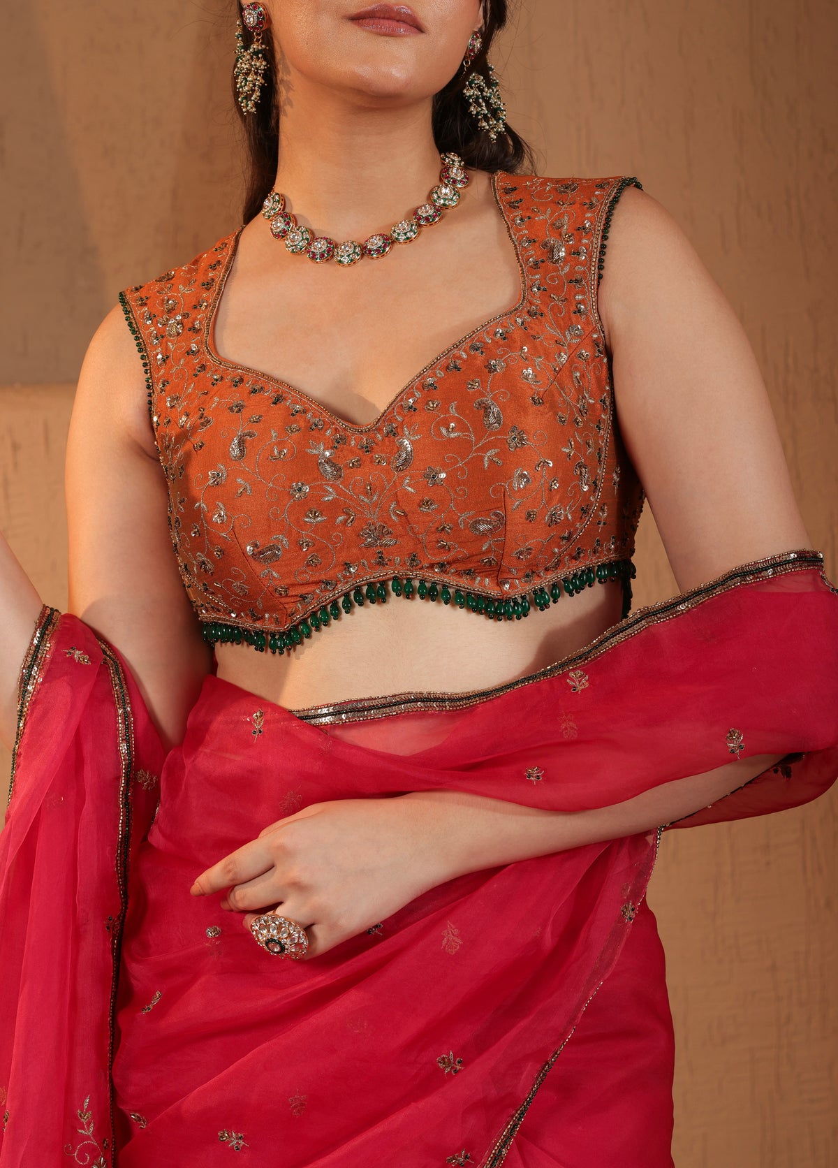 Rani Pink Saree with Orange Blouse