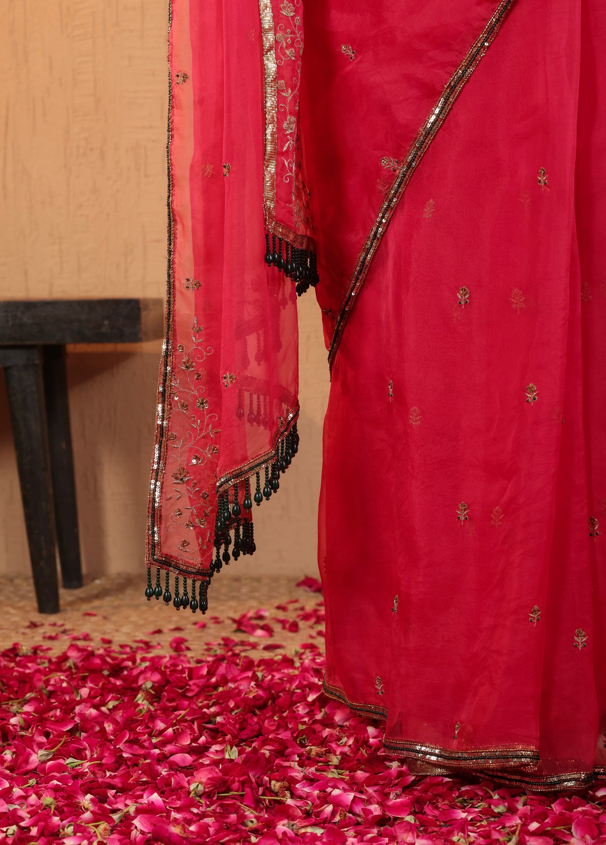 Rani Pink Saree with Orange Blouse
