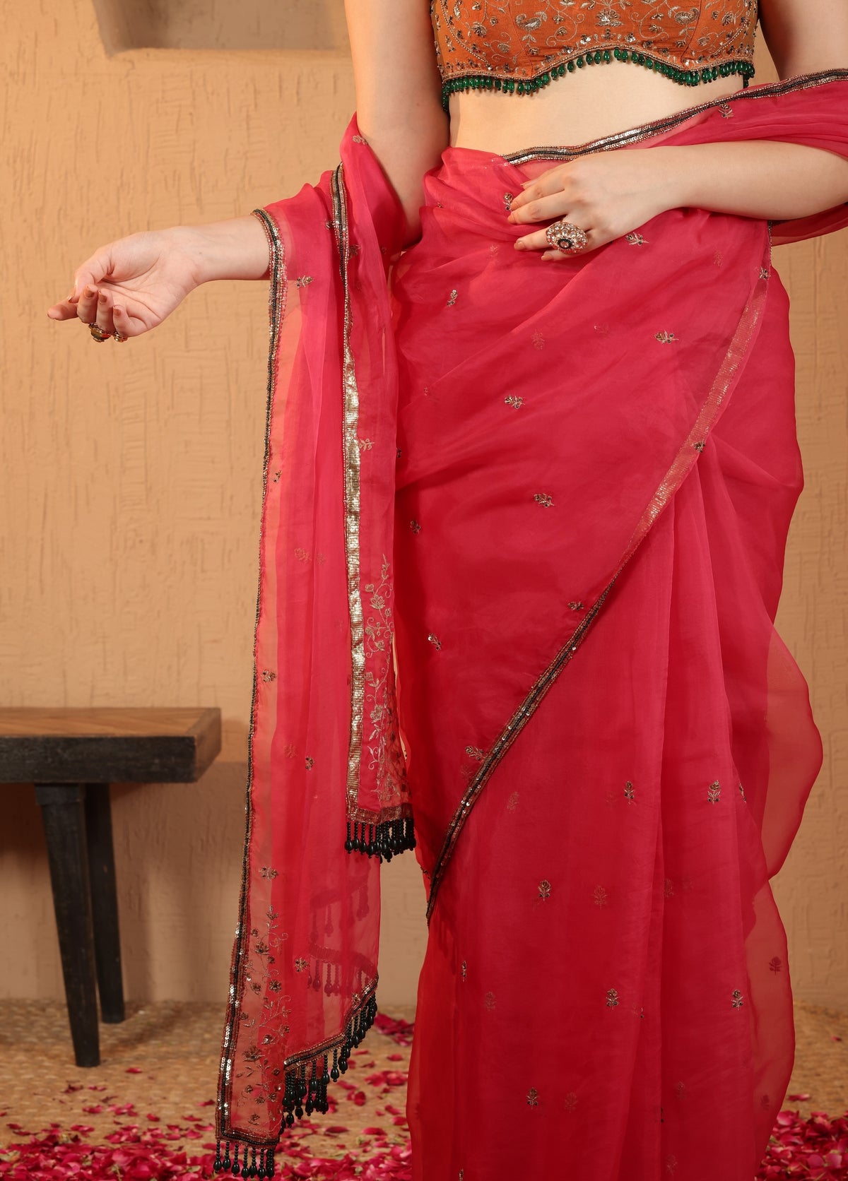 Rani Pink Saree with Orange Blouse