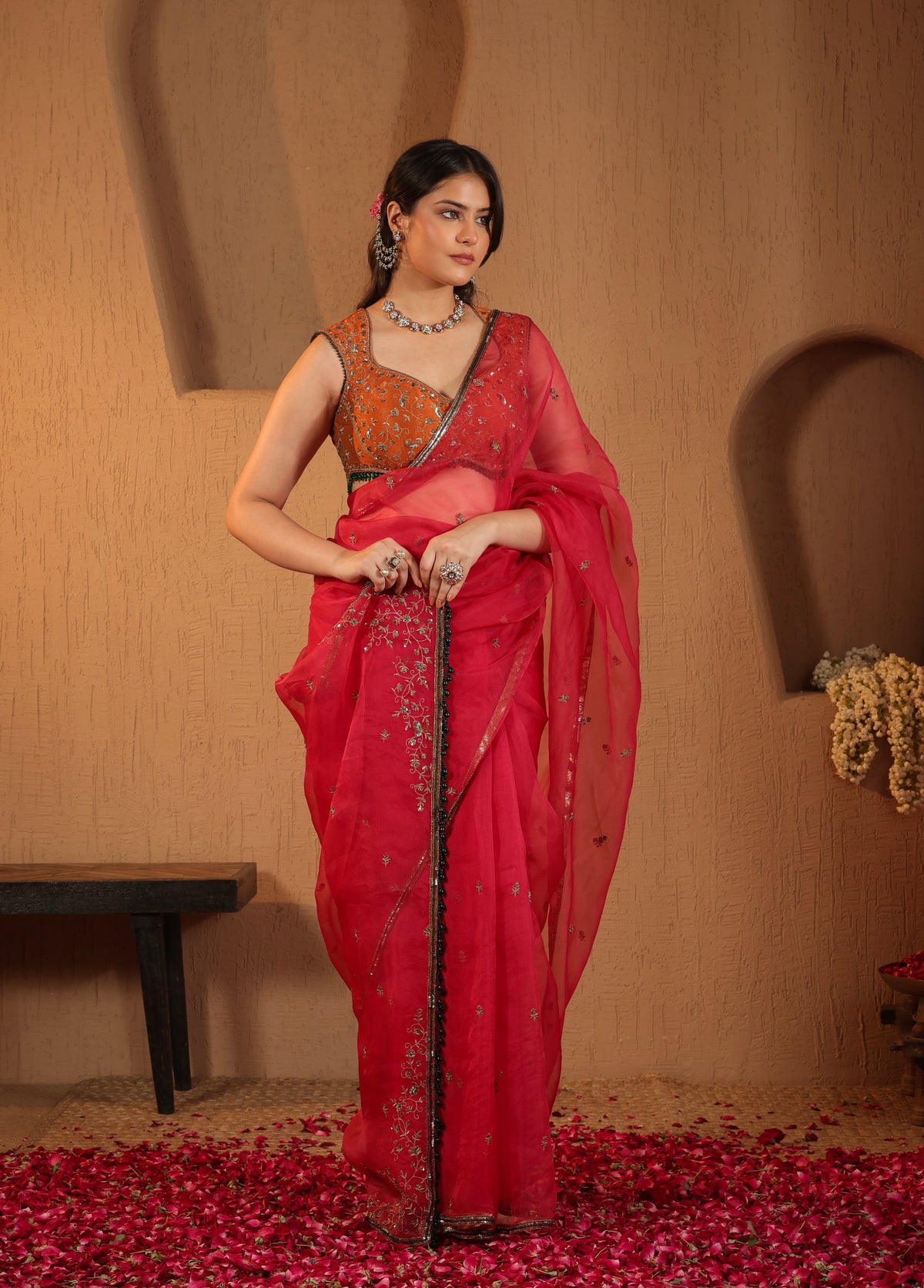 Rani Pink Saree with Orange Blouse