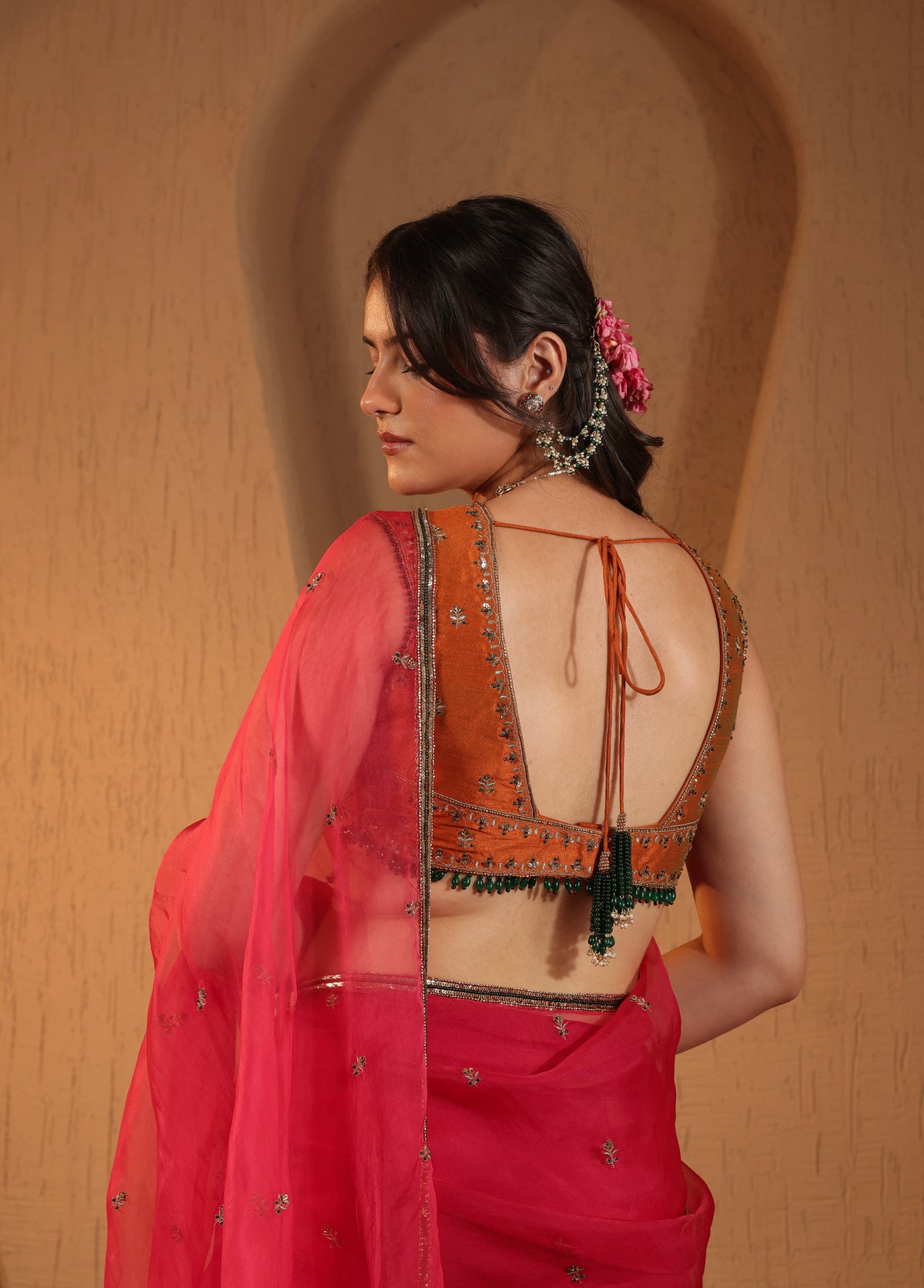 Rani Pink Saree with Orange Blouse