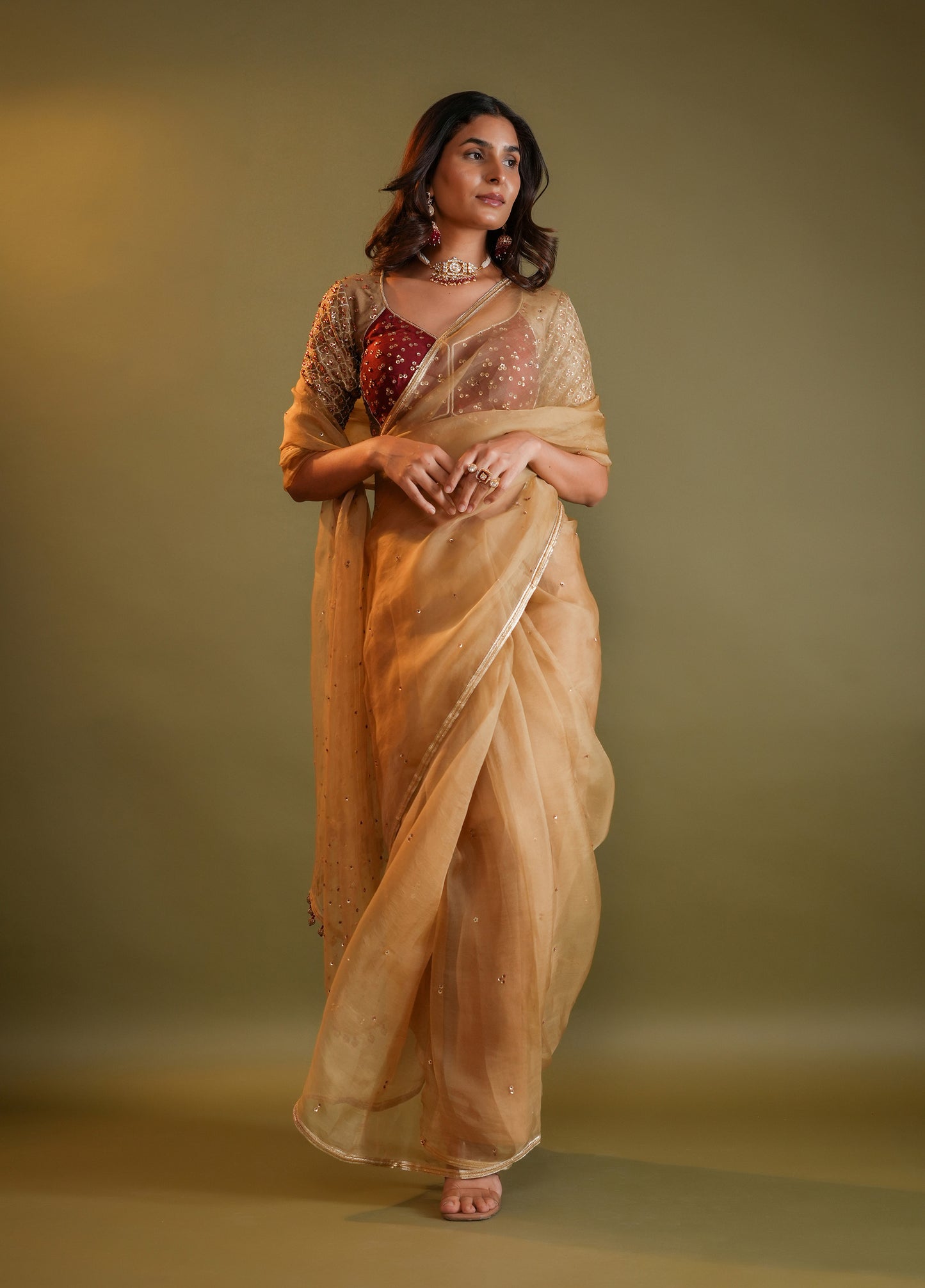 Antique Gold Saree with Maroon & Gold Embellished Blouse